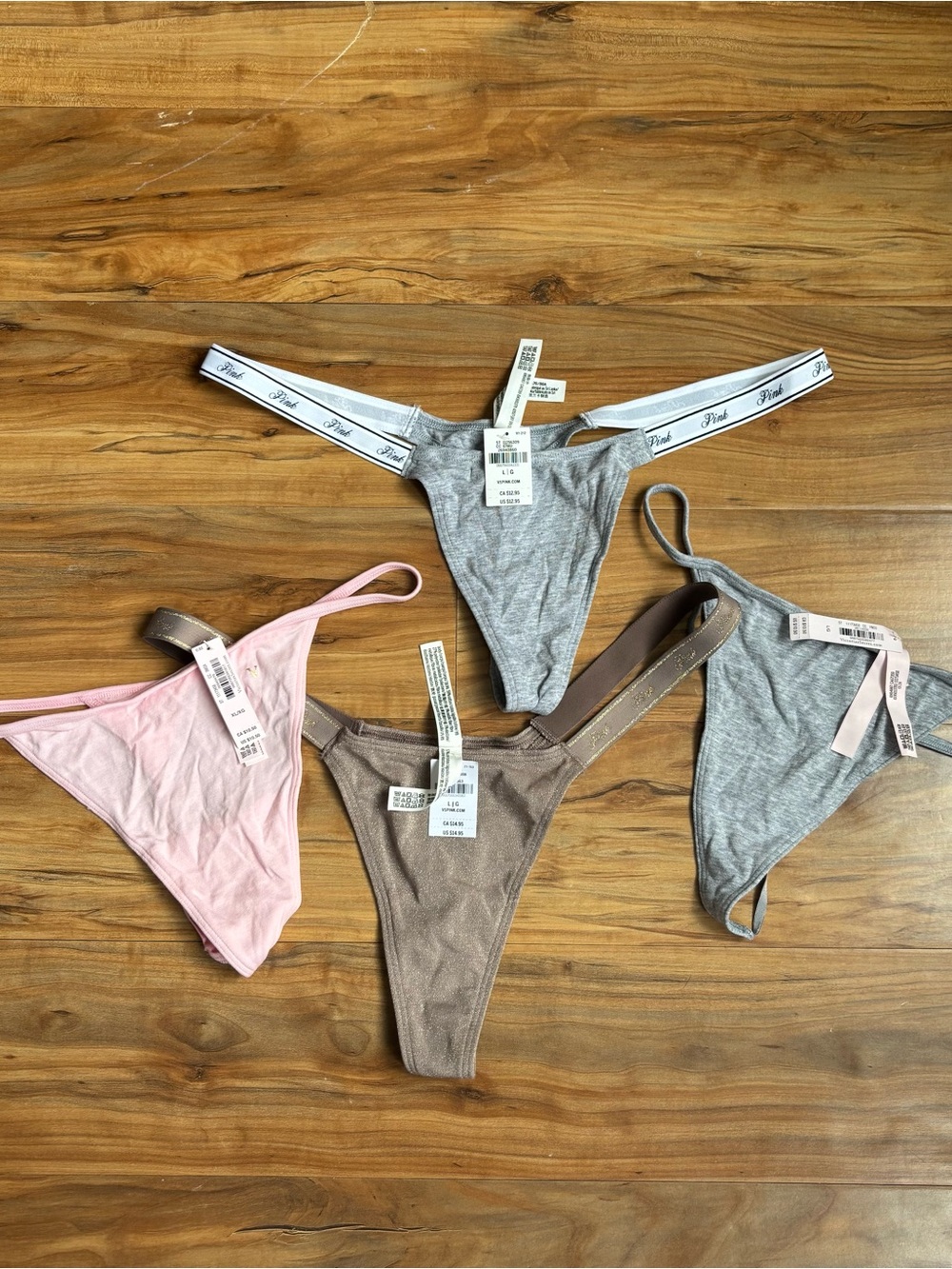 PINK Victoria's Secret Cotton Thong Set in Gray, Pink, and Taupe